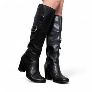 Franco Sarto Black Leather Knee High Boots Chunky Heel Buckle Detail Size 7.5